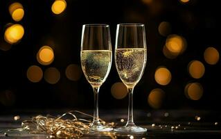 dois óculos do champanhe em a de madeira mesa com dourado confete e caloroso ouro bokeh às a fundo, Novo anos véspera festa poster. ai generativo foto