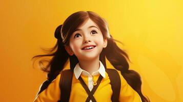 ai gerado fofa pequeno menina dentro escola uniforme com amarelo fundo, costas para escola conceito foto