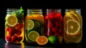 frascos preenchidas com diferente frutas e legumes gerado com ai foto