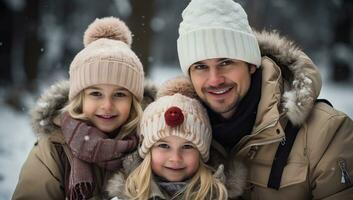 retrato do feliz família dentro inverno parque. ai gerado. foto