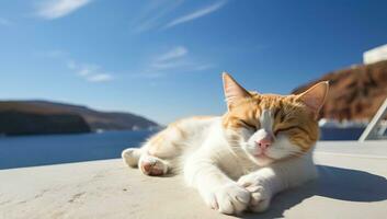 pacífico gato cochilando com oceano visualizar. ai gerado. foto