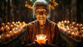 velho mulher segurando uma vela dentro dela mãos durante uma religioso cerimônia. ai gerado. foto