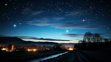 uma sereno noite céu com estrelas iluminador uma pacífico Vila. ai gerado. foto