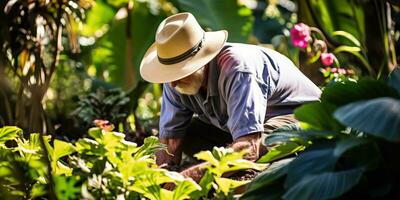 Senior homem trabalhando dentro dele jardim em uma ensolarado dia. ai gerado. foto