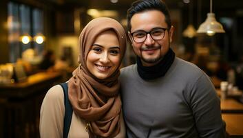 retrato do ásia muçulmano casal sorridente às Câmera dentro cafeteria. ai gerado. foto