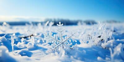 fechar acima do floco de neve em Nevado chão. ai gerado. foto