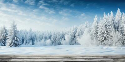 Nevado inverno panorama com neve coberto árvores ai gerado. foto