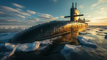 submarino dentro gelado águas às pôr do sol. ai gerado. foto