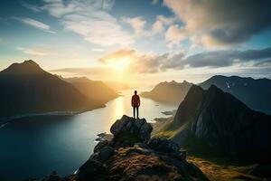 homem em pé em a topo do uma montanha e desfrutando a Visão ai gerado foto