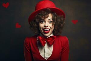 retrato do uma feliz mulher com vermelho coração.dia dos namorados dia conceito ai gerado foto