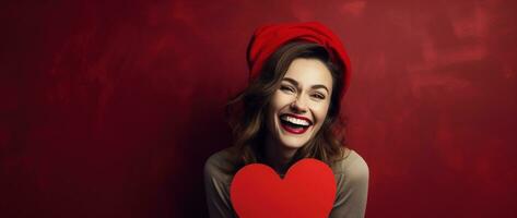 retrato do uma feliz mulher com vermelho coração em uma vermelho plano de fundo.dia dos namorados dia conceito ai gerado foto