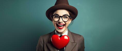 retrato do uma feliz mulher com vermelho coração.dia dos namorados dia conceito ai gerado foto