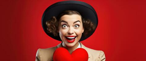 retrato do uma feliz mulher com vermelho coração em uma vermelho plano de fundo.dia dos namorados dia conceito ai gerado foto