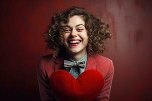 retrato do uma feliz mulher com vermelho coração em uma vermelho plano de fundo.dia dos namorados dia conceito ai gerado foto