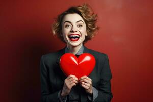 retrato do uma feliz mulher com vermelho coração em uma vermelho plano de fundo.dia dos namorados dia conceito ai gerado foto