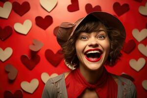 retrato do uma feliz mulher com vermelho coração em uma vermelho plano de fundo.dia dos namorados dia conceito ai gerado foto