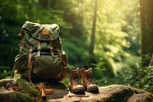 caminhada chuteiras e mochila dentro a floresta. viagem e aventura conceito ai gerado foto