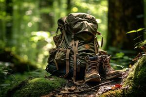 caminhada chuteiras e mochila dentro a floresta. viagem e aventura conceito ai gerado foto