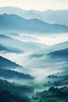 ai gerado lindo panorama do montanhas dentro nebuloso Beleza matinal dentro natureza. foto