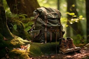 caminhada chuteiras e mochila dentro a floresta. viagem e aventura conceito ai gerado foto