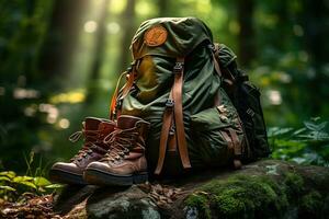 caminhada chuteiras e mochila dentro a floresta. viagem e aventura conceito ai gerado foto