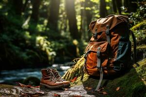 caminhada chuteiras e mochila dentro a floresta. viagem e aventura conceito ai gerado foto