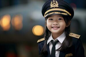 retrato do uma fofa ásia pequeno menina dentro uma piloto uniforme ai gerado foto