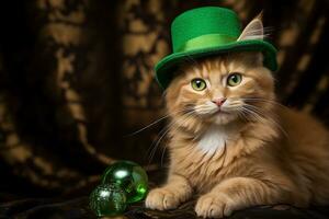 fofa gato vestindo uma verde topo chapéu para st. patrick's dia. ai gerado foto