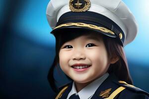 retrato do uma fofa ásia pequeno menina dentro uma piloto uniforme ai gerado foto