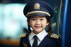 retrato do uma fofa ásia pequeno menina dentro uma piloto uniforme ai gerado foto