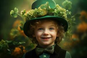 retrato do uma sorridente Garoto dentro uma duende fantasia. st. patrick's dia. ai gerado foto