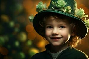 retrato do uma sorridente Garoto dentro uma duende fantasia. st. patrick's dia. ai gerado foto