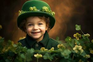 retrato do uma sorridente Garoto dentro uma duende fantasia. st. patrick's dia. ai gerado foto