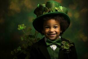 retrato do uma sorridente Garoto dentro uma duende fantasia. st. patrick's dia. ai gerado foto