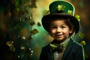 retrato do uma sorridente Garoto dentro uma duende fantasia. st. patrick's dia. ai gerado foto