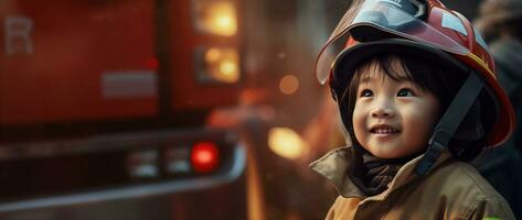 retrato do sorridente ásia pequeno menina vestindo bombeiro uniforme em pé dentro fogo caminhão. ai gerado foto