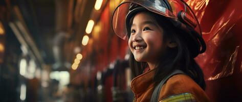 retrato do sorridente ásia pequeno menina vestindo bombeiro uniforme em pé dentro fogo caminhão. ai gerado foto