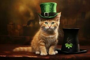 fofa gato vestindo uma verde topo chapéu para st. patrick's dia. ai gerado foto