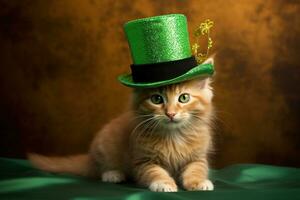 fofa gato vestindo uma verde topo chapéu para st. patrick's dia. ai gerado foto