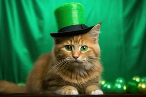 fofa gato vestindo uma verde topo chapéu para st. patrick's dia. ai gerado foto