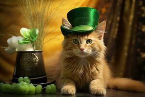 fofa gato vestindo uma verde topo chapéu para st. patrick's dia. ai gerado foto