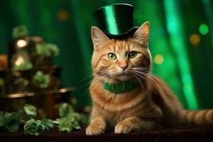 fofa gato vestindo uma verde topo chapéu para st. patrick's dia. ai gerado foto