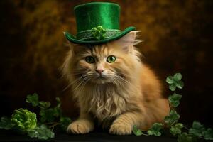 fofa gato vestindo uma verde topo chapéu para st. patrick's dia. ai gerado foto