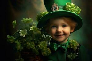 retrato do uma sorridente Garoto dentro uma duende fantasia. st. patrick's dia. ai gerado foto