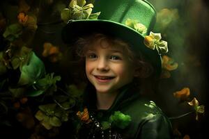 retrato do uma sorridente Garoto dentro uma duende fantasia. st. patrick's dia. ai gerado foto