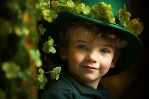 retrato do uma sorridente Garoto dentro uma duende fantasia. st. patrick's dia. ai gerado foto