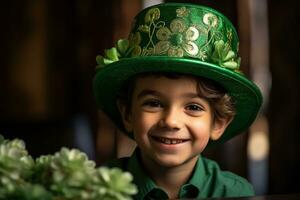 retrato do uma sorridente Garoto dentro uma duende fantasia. st. patrick's dia. ai gerado foto