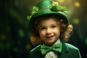 retrato do uma sorridente Garoto dentro uma duende fantasia. st. patrick's dia. ai gerado foto