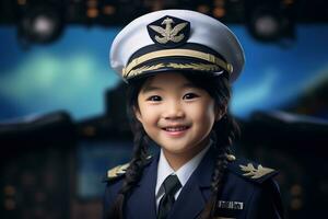 retrato do uma fofa ásia pequeno menina dentro uma piloto uniforme ai gerado foto