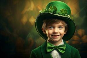 retrato do uma sorridente Garoto dentro uma duende fantasia. st. patrick's dia. ai gerado foto